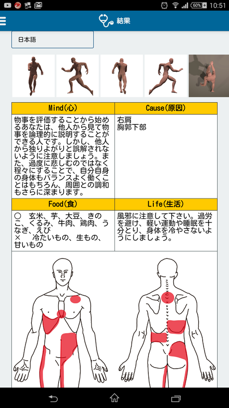 身体の動きと原因を分析するモバイルセンサーの画面